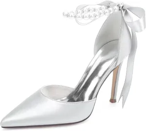 Women's Pearl Wedding Shoes for Bride High Heel Bridal Shoes Closed Pointy Toe Satin Wedding Dress Pumps