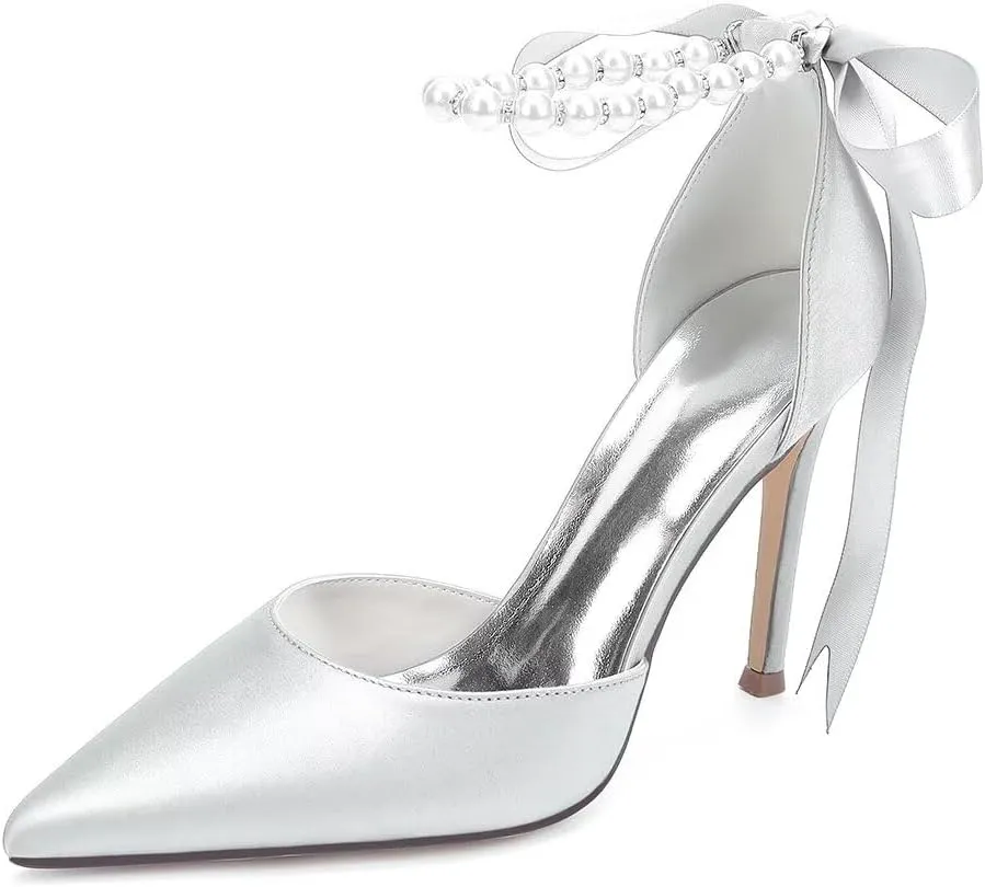 Women's Pearl Wedding Shoes for Bride High Heel Bridal Shoes Closed Pointy Toe Satin Wedding Dress Pumps