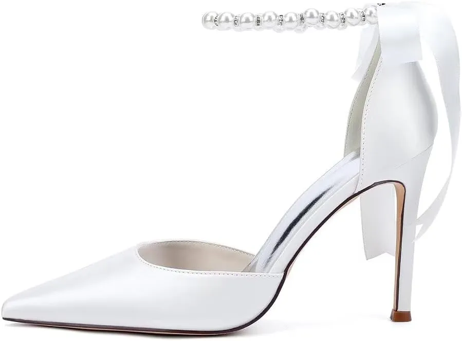 Women's Pearl Wedding Shoes for Bride High Heel Bridal Shoes Closed Pointy Toe Satin Wedding Dress Pumps
