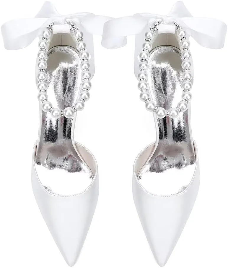 Women's Pearl Wedding Shoes for Bride High Heel Bridal Shoes Closed Pointy Toe Satin Wedding Dress Pumps