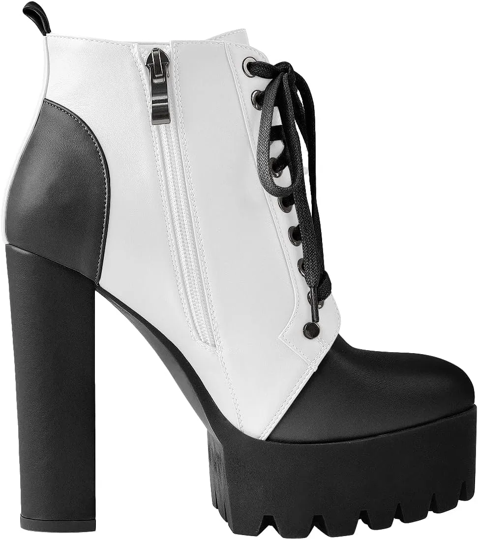 Women's Platform High Chunky Heel Leather Shoes Lace Up Side zipper Ankle Boots Fashion Autumn Winter Shoes
