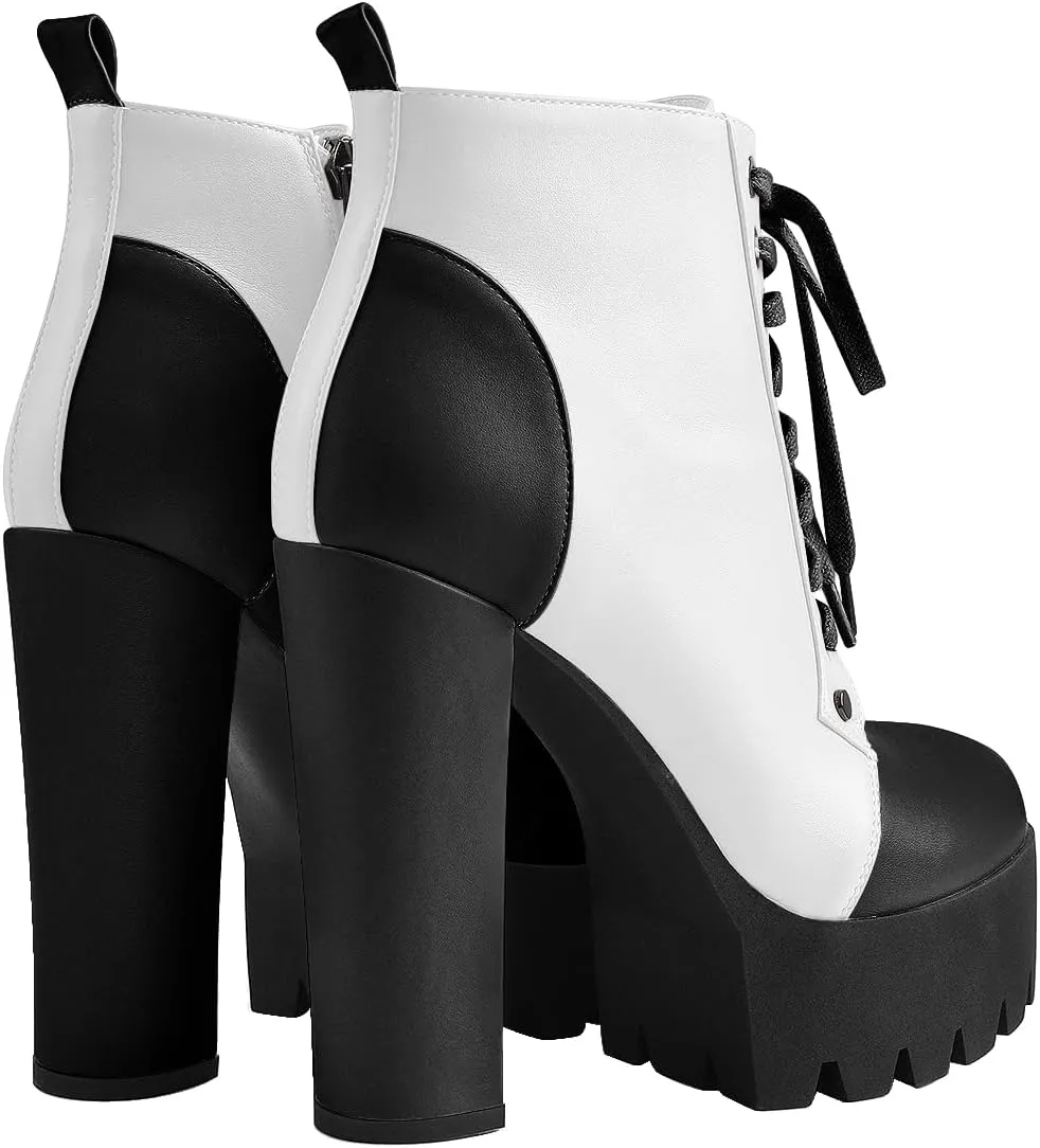 Women's Platform High Chunky Heel Leather Shoes Lace Up Side zipper Ankle Boots Fashion Autumn Winter Shoes