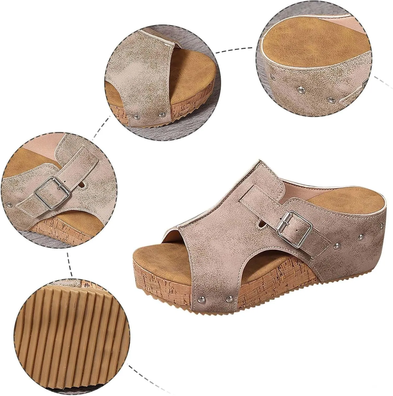 Women's Platform Wedge Sandals Open Toe Slip On Slides Cork Heeled Cutout Comfortable Slide Sandals Casual Dressy Summer Shoes