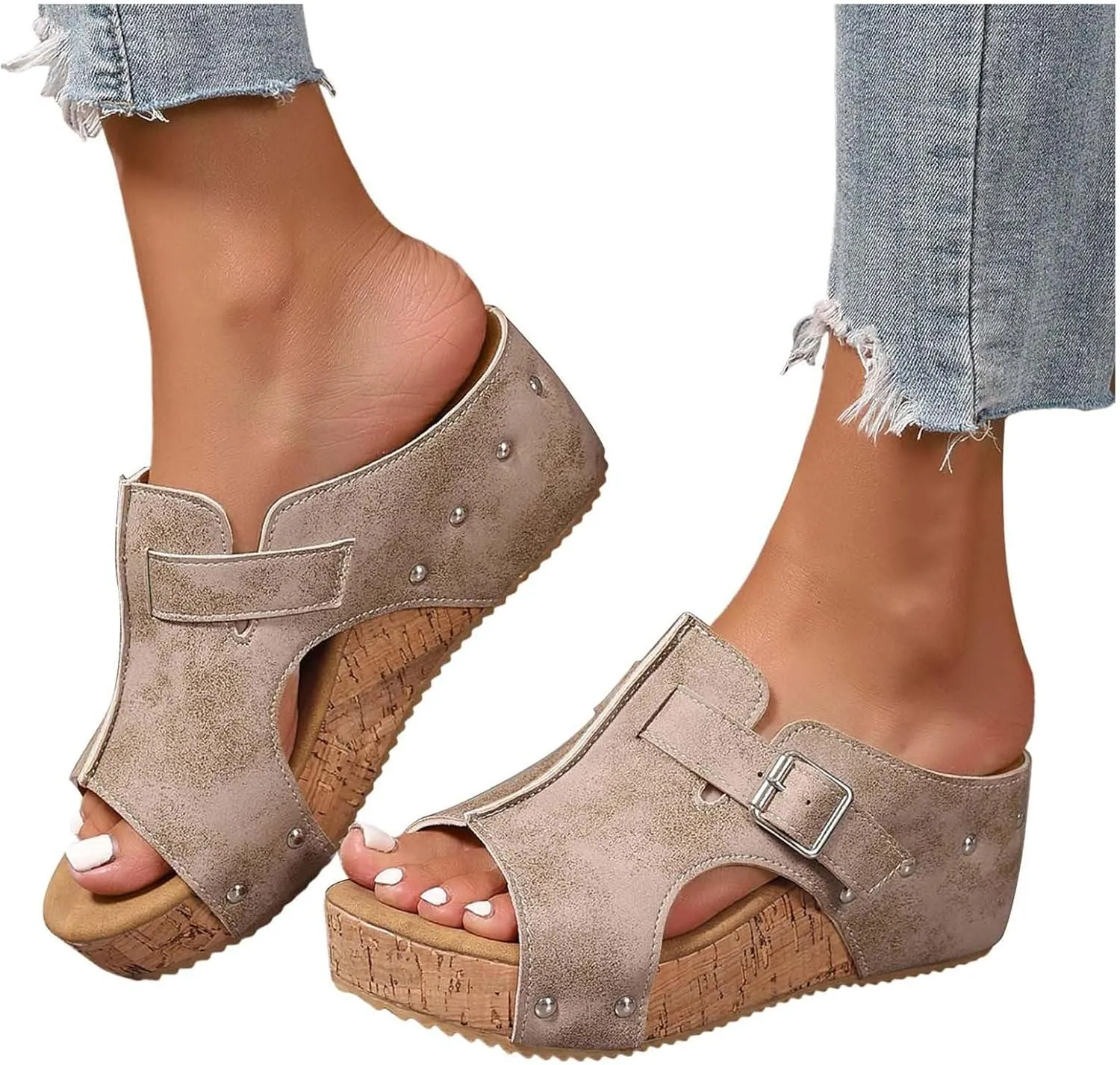 Women's Platform Wedge Sandals Open Toe Slip On Slides Cork Heeled Cutout Comfortable Slide Sandals Casual Dressy Summer Shoes