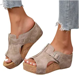 Women's Platform Wedge Sandals Open Toe Slip On Slides Cork Heeled Cutout Comfortable Slide Sandals Casual Dressy Summer Shoes