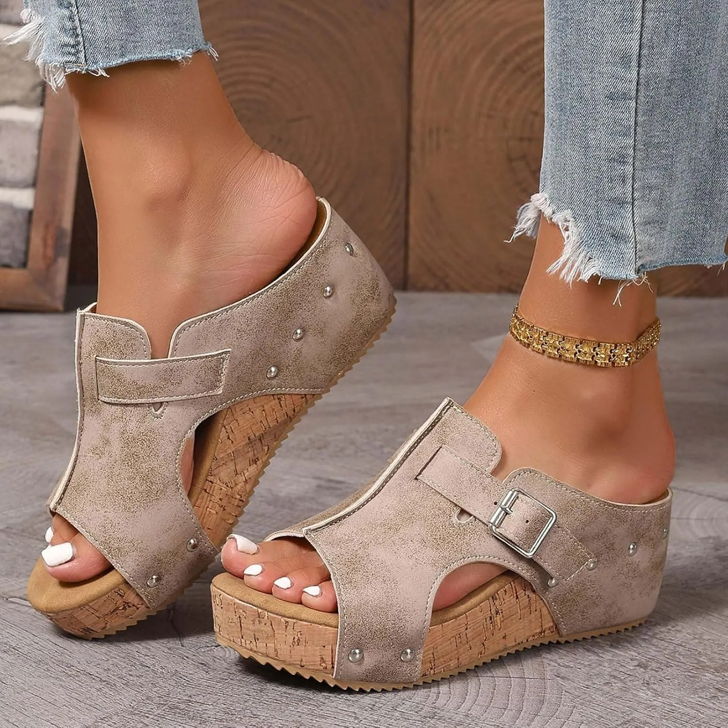 Women's Platform Wedge Sandals Open Toe Slip On Slides Cork Heeled Cutout Comfortable Slide Sandals Casual Dressy Summer Shoes