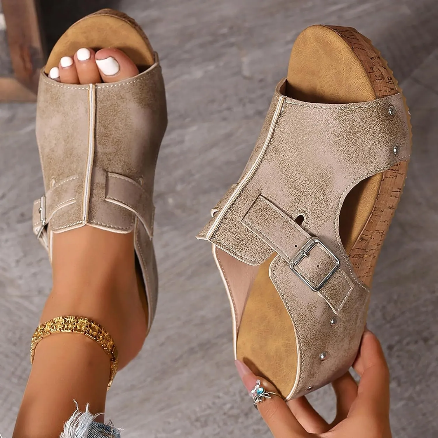 Women's Platform Wedge Sandals Open Toe Slip On Slides Cork Heeled Cutout Comfortable Slide Sandals Casual Dressy Summer Shoes