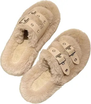 Women's Plush Slippers Warm Cozy Fluffy Soft Bottom Buckle Open Toe Fuzzy Indoor Home Slipper