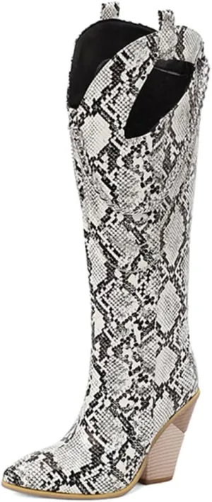 Women's Pointed Toe Chunky Heels Knee High Boots Chain Punk Boots