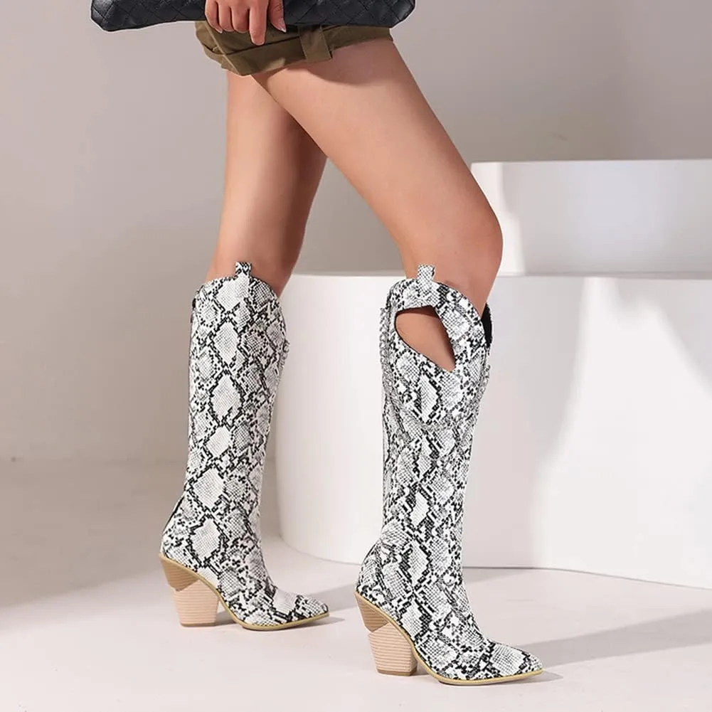 Women's Pointed Toe Chunky Heels Knee High Boots Chain Punk Boots