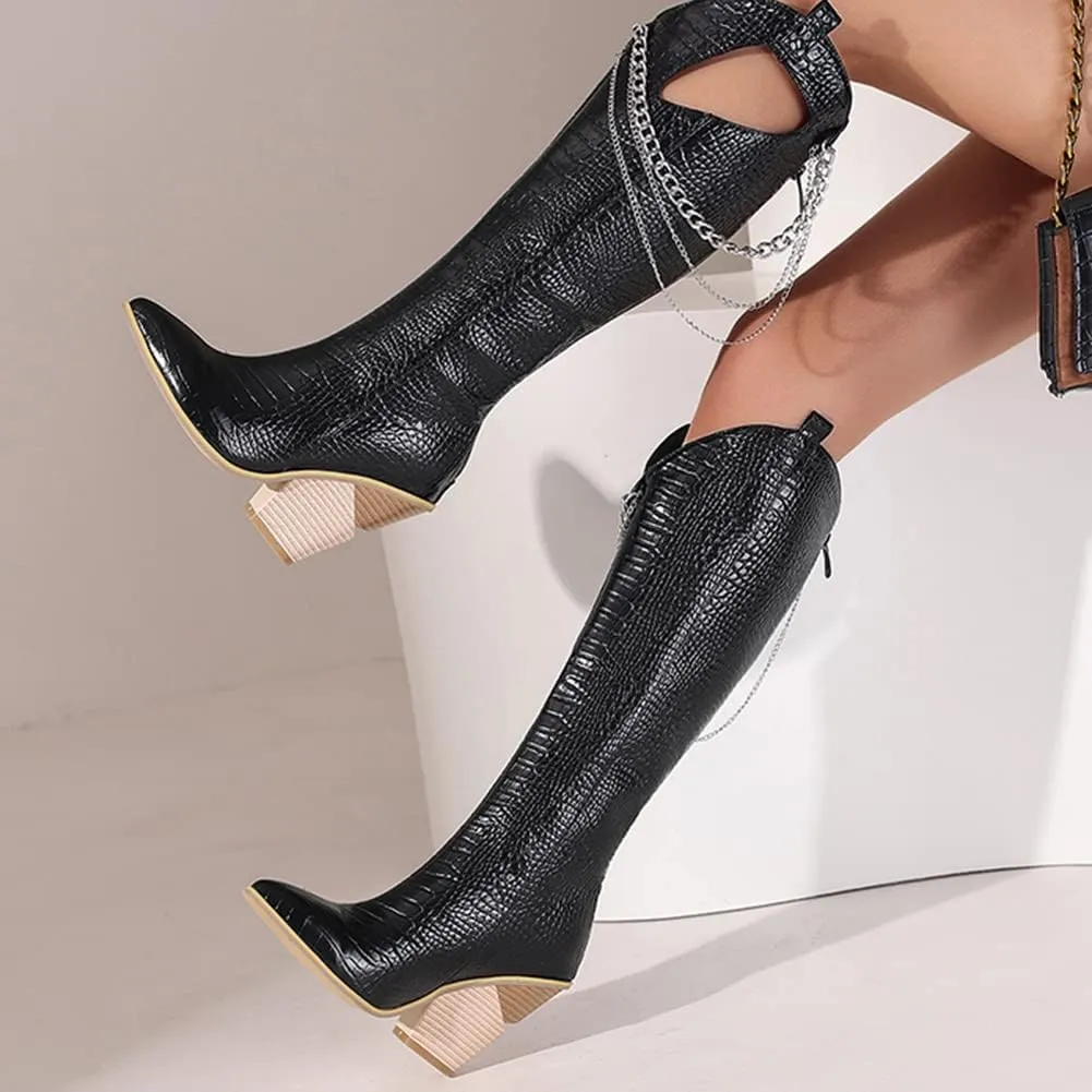 Women's Pointed Toe Chunky Heels Knee High Boots Chain Punk Boots