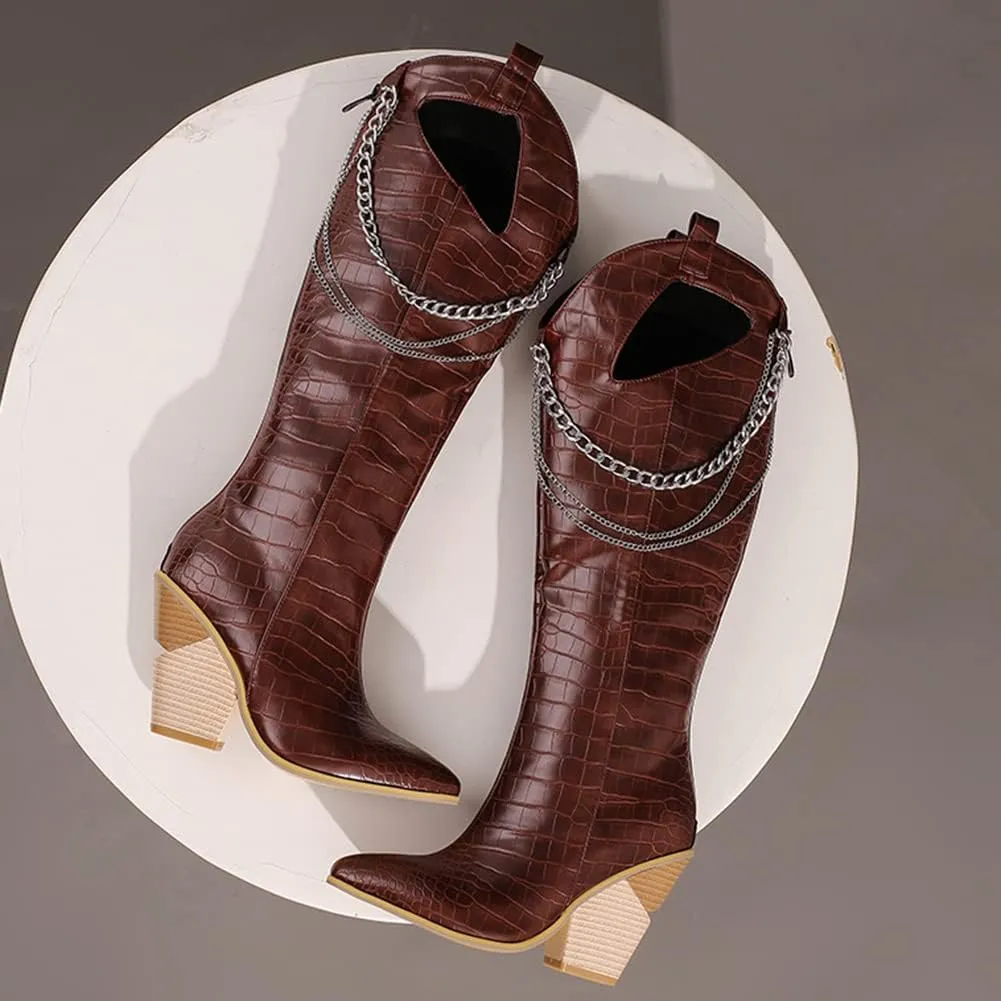 Women's Pointed Toe Chunky Heels Knee High Boots Chain Punk Boots