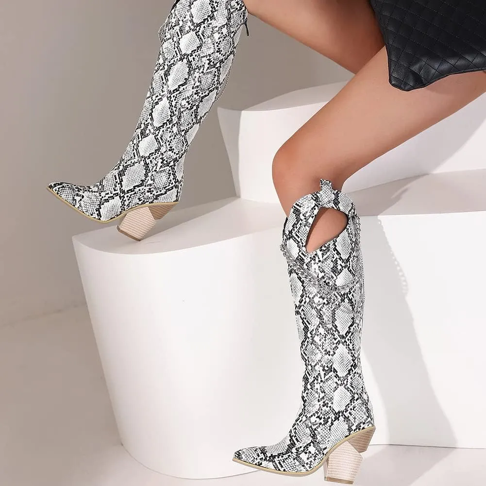 Women's Pointed Toe Chunky Heels Knee High Boots Chain Punk Boots