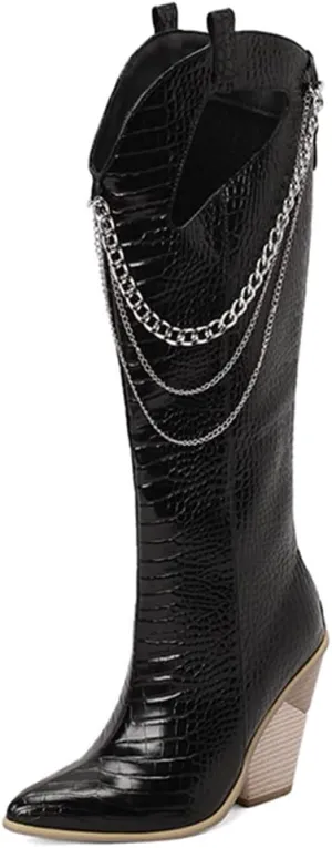 Women's Pointed Toe Chunky Heels Knee High Boots Chain Punk Boots