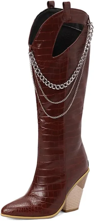 Women's Pointed Toe Chunky Heels Knee High Boots Chain Punk Boots