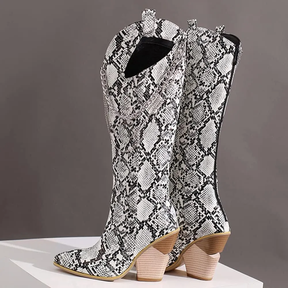 Women's Pointed Toe Chunky Heels Knee High Boots Chain Punk Boots