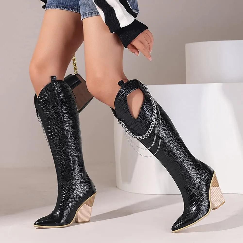 Women's Pointed Toe Chunky Heels Knee High Boots Chain Punk Boots