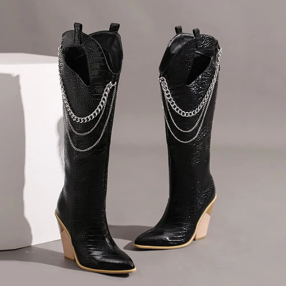 Women's Pointed Toe Chunky Heels Knee High Boots Chain Punk Boots