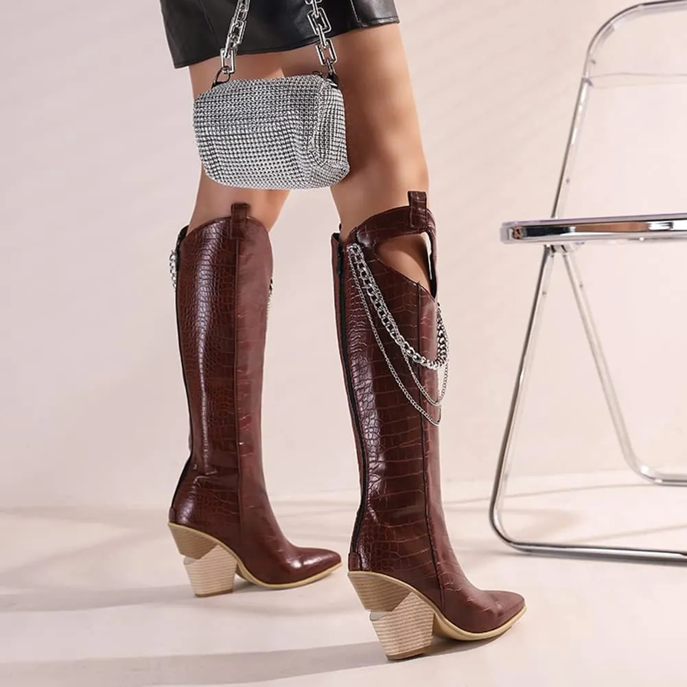 Women's Pointed Toe Chunky Heels Knee High Boots Chain Punk Boots