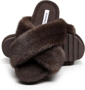 Women's Premium Rich Plush Warm Scuff Comfy EVA Footbed Breathable Cross Band Indoor Lady Platform Soles Slippers