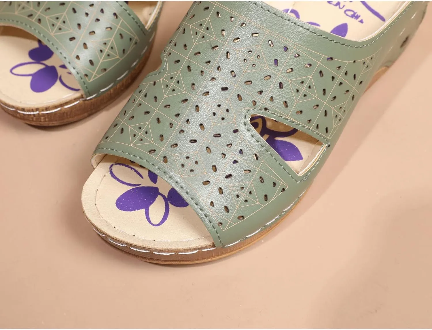 Womens Slip on Wedge Sandals Fashion Fish Mouth Open Toe Quilted Hollow Studded Platform Slipper Summer Comfortable Casual Print Ladies Shoes