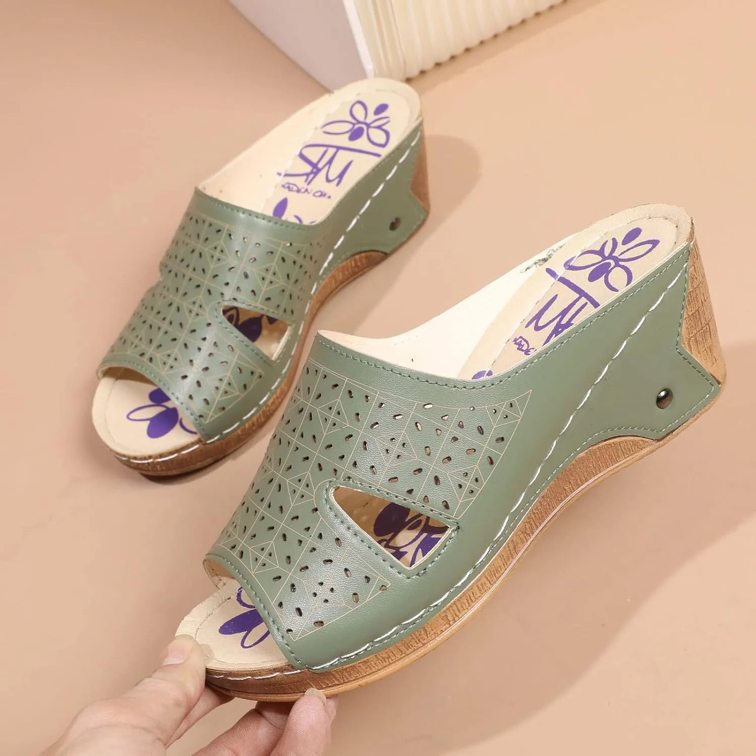 Womens Slip on Wedge Sandals Fashion Fish Mouth Open Toe Quilted Hollow Studded Platform Slipper Summer Comfortable Casual Print Ladies Shoes