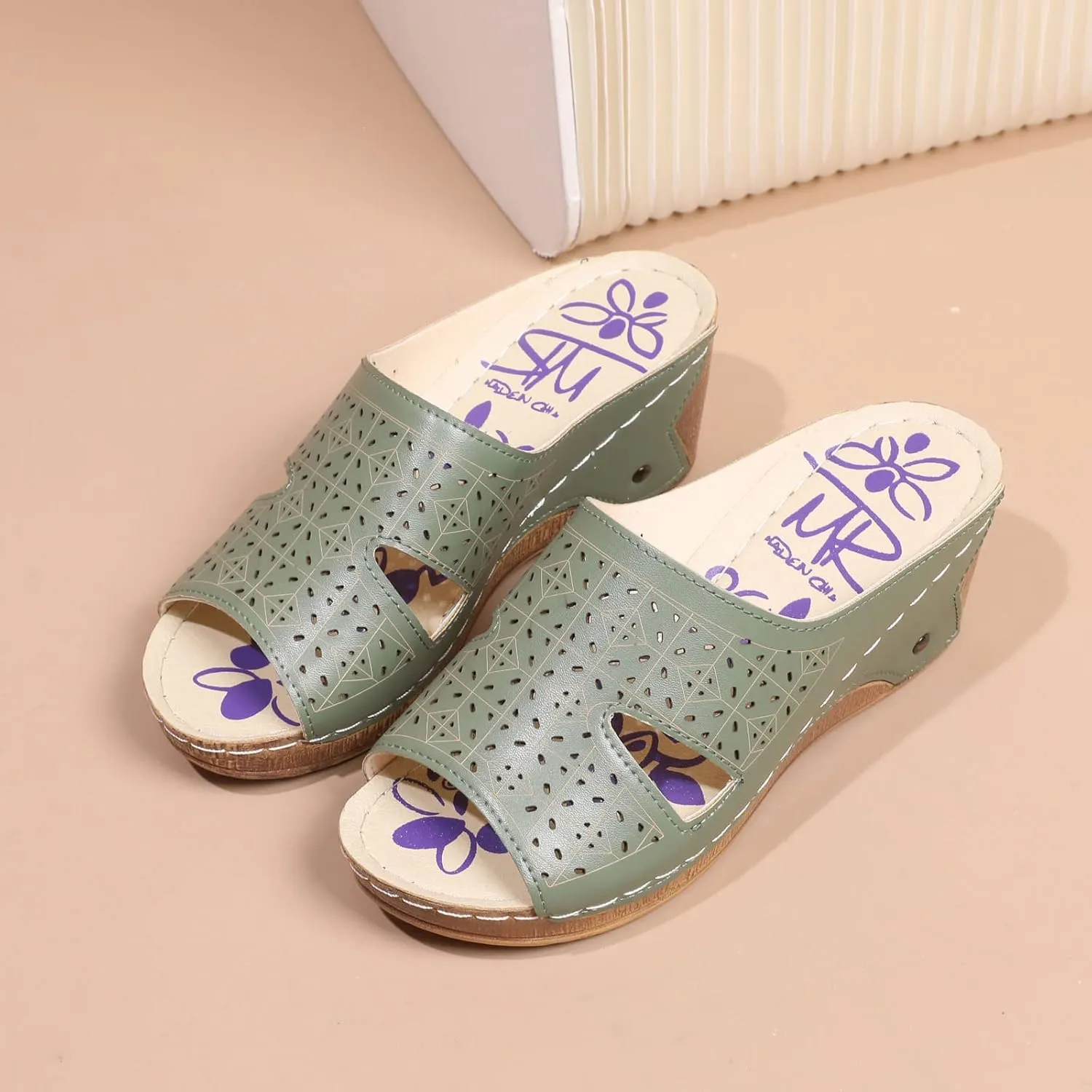 Womens Slip on Wedge Sandals Fashion Fish Mouth Open Toe Quilted Hollow Studded Platform Slipper Summer Comfortable Casual Print Ladies Shoes