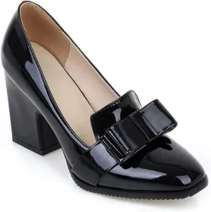 Womens Square Toe Loafer Pumps Bow Chunky High Heel Patent Leather Fashion Slip On Dress Oxford Shoes