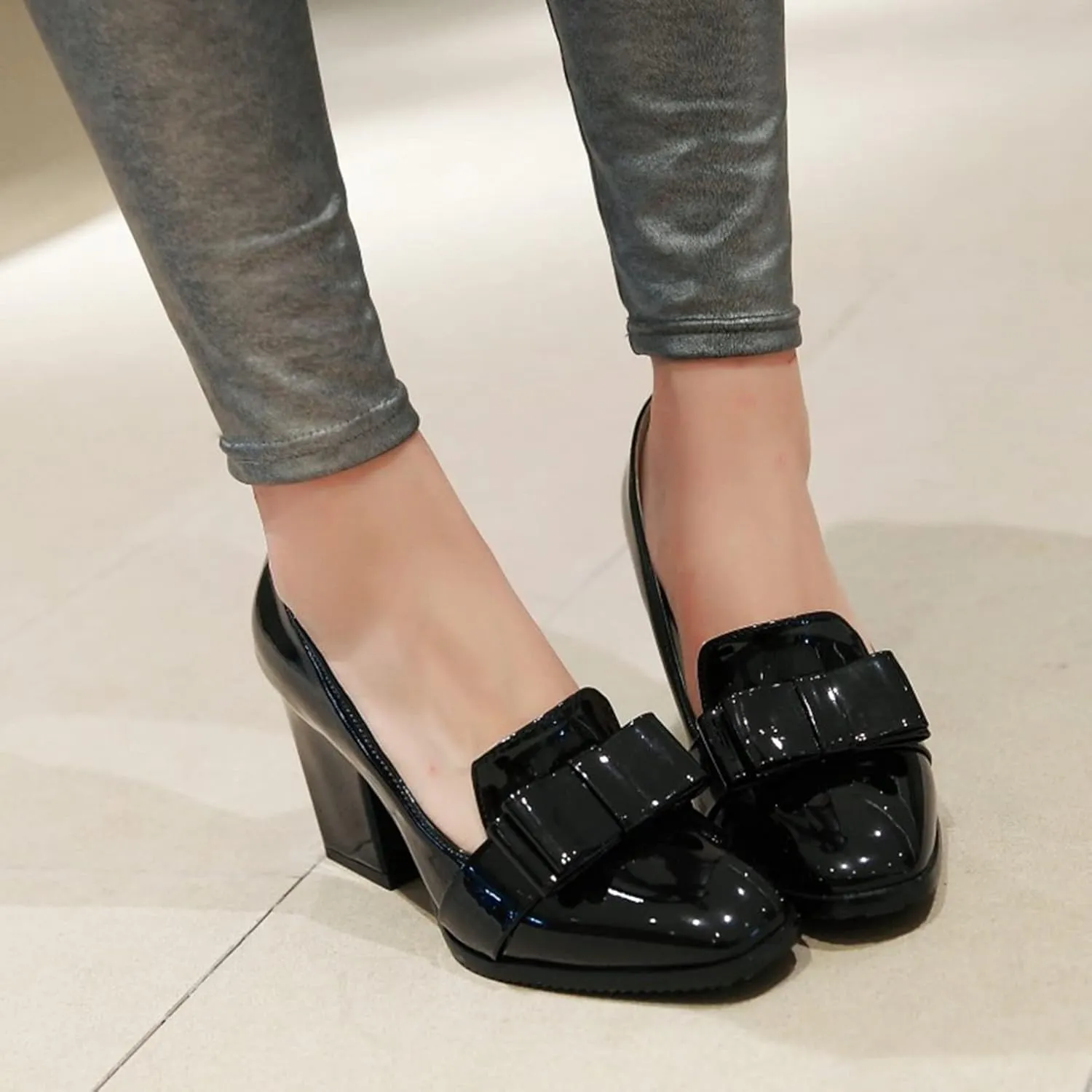Womens Square Toe Loafer Pumps Bow Chunky High Heel Patent Leather Fashion Slip On Dress Oxford Shoes