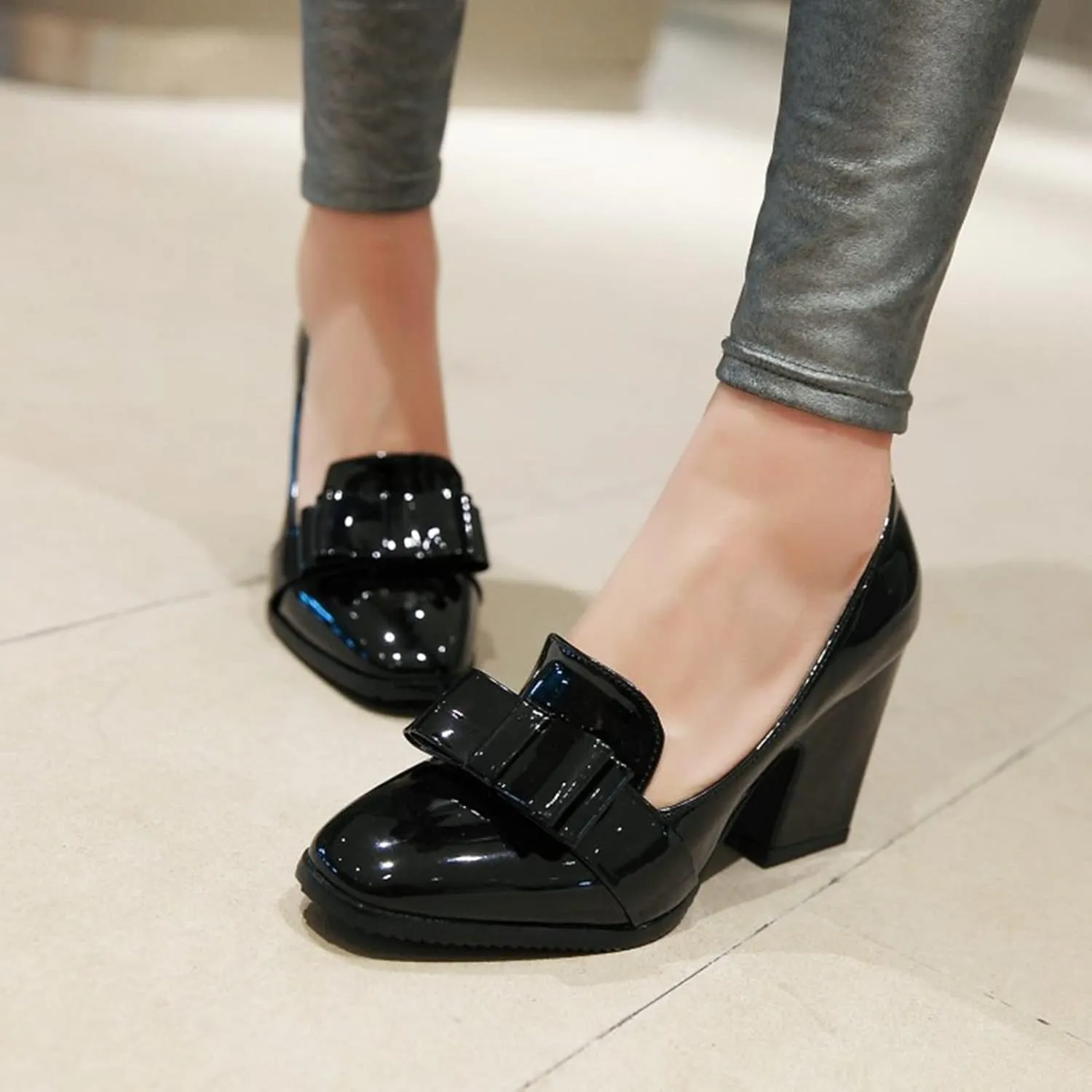 Womens Square Toe Loafer Pumps Bow Chunky High Heel Patent Leather Fashion Slip On Dress Oxford Shoes