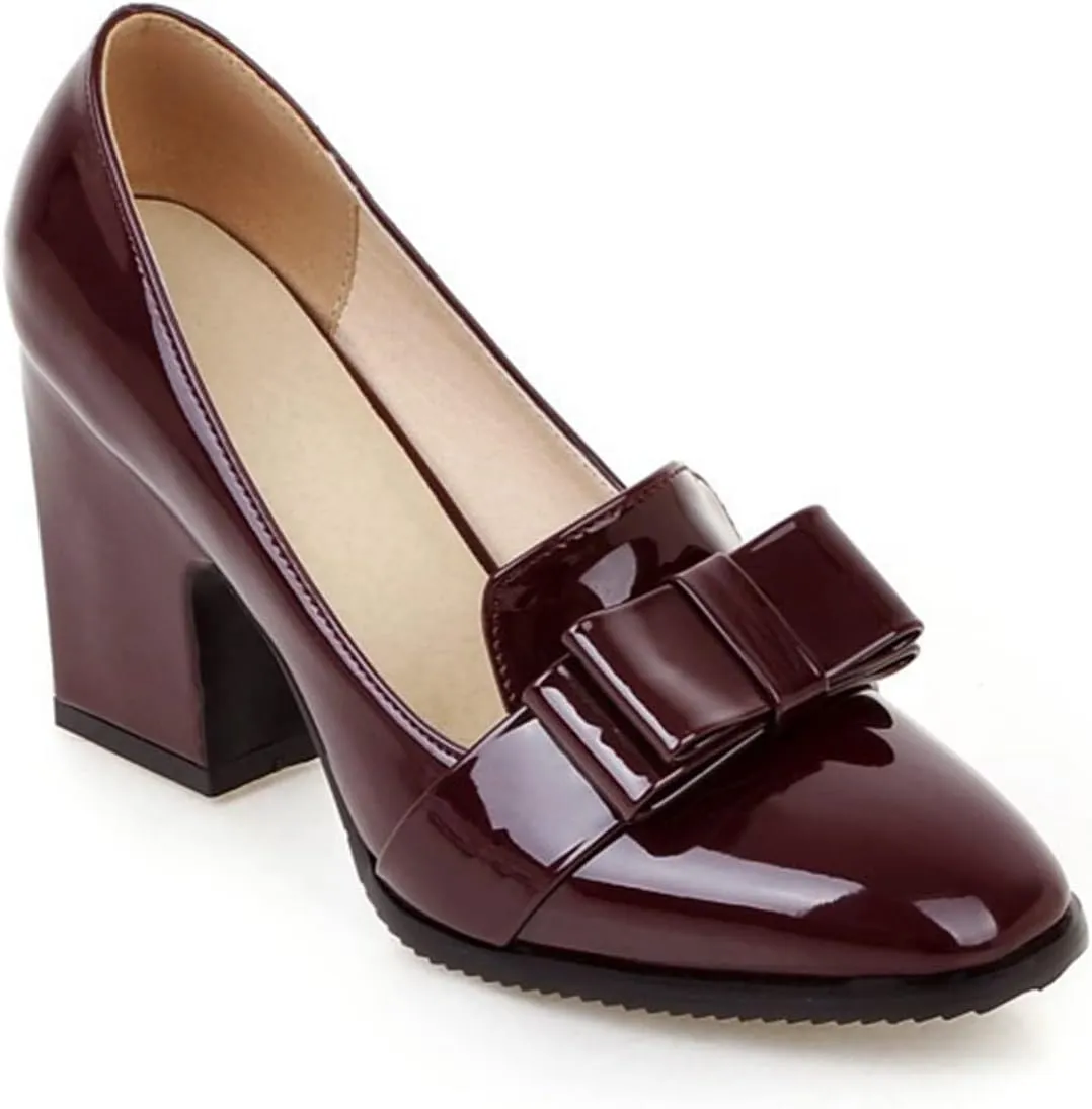 Womens Square Toe Loafer Pumps Bow Chunky High Heel Patent Leather Fashion Slip On Dress Oxford Shoes