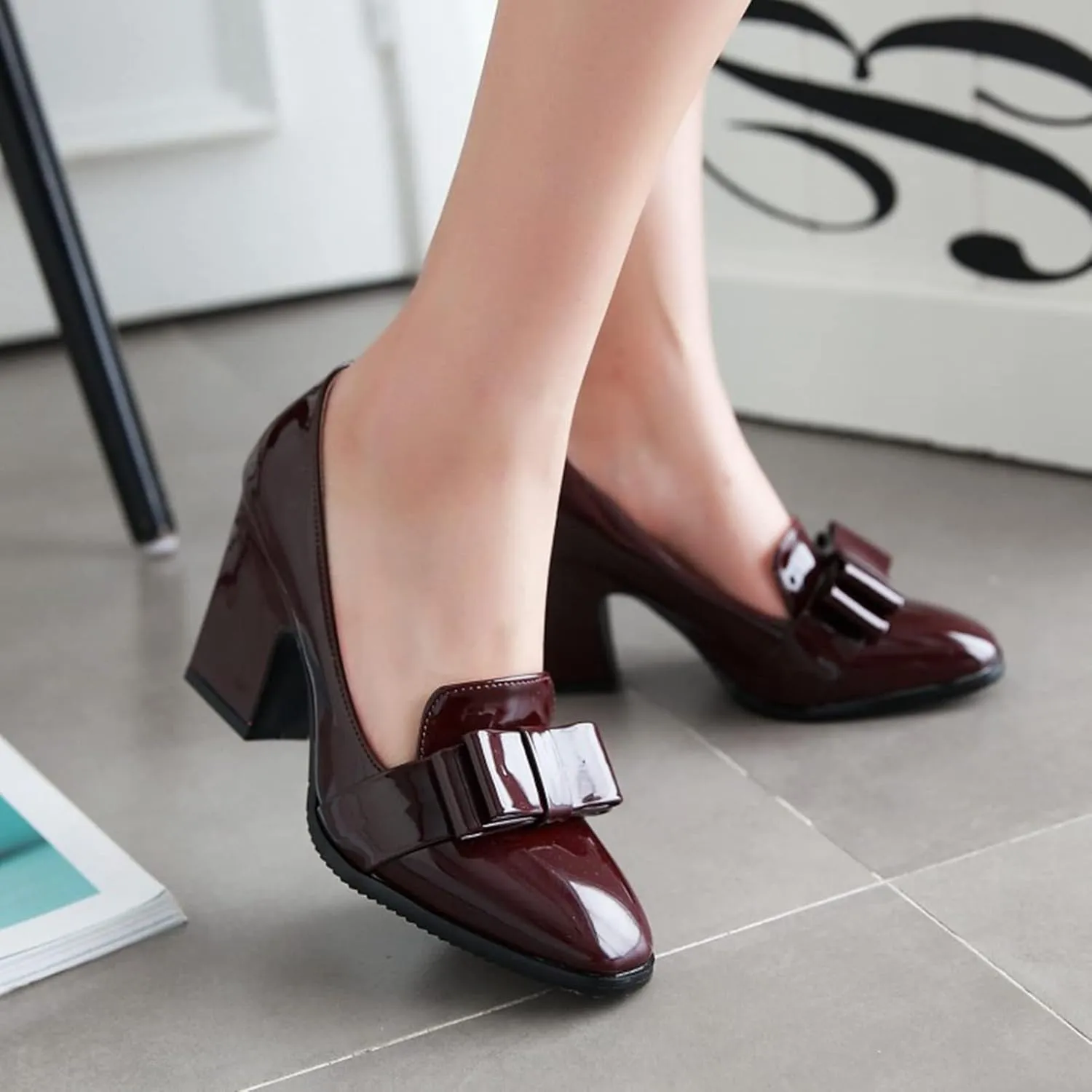 Womens Square Toe Loafer Pumps Bow Chunky High Heel Patent Leather Fashion Slip On Dress Oxford Shoes