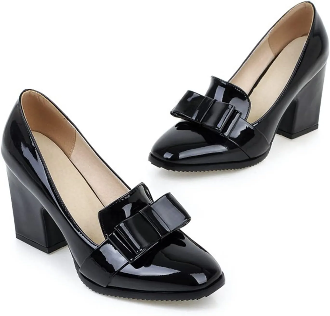 Womens Square Toe Loafer Pumps Bow Chunky High Heel Patent Leather Fashion Slip On Dress Oxford Shoes