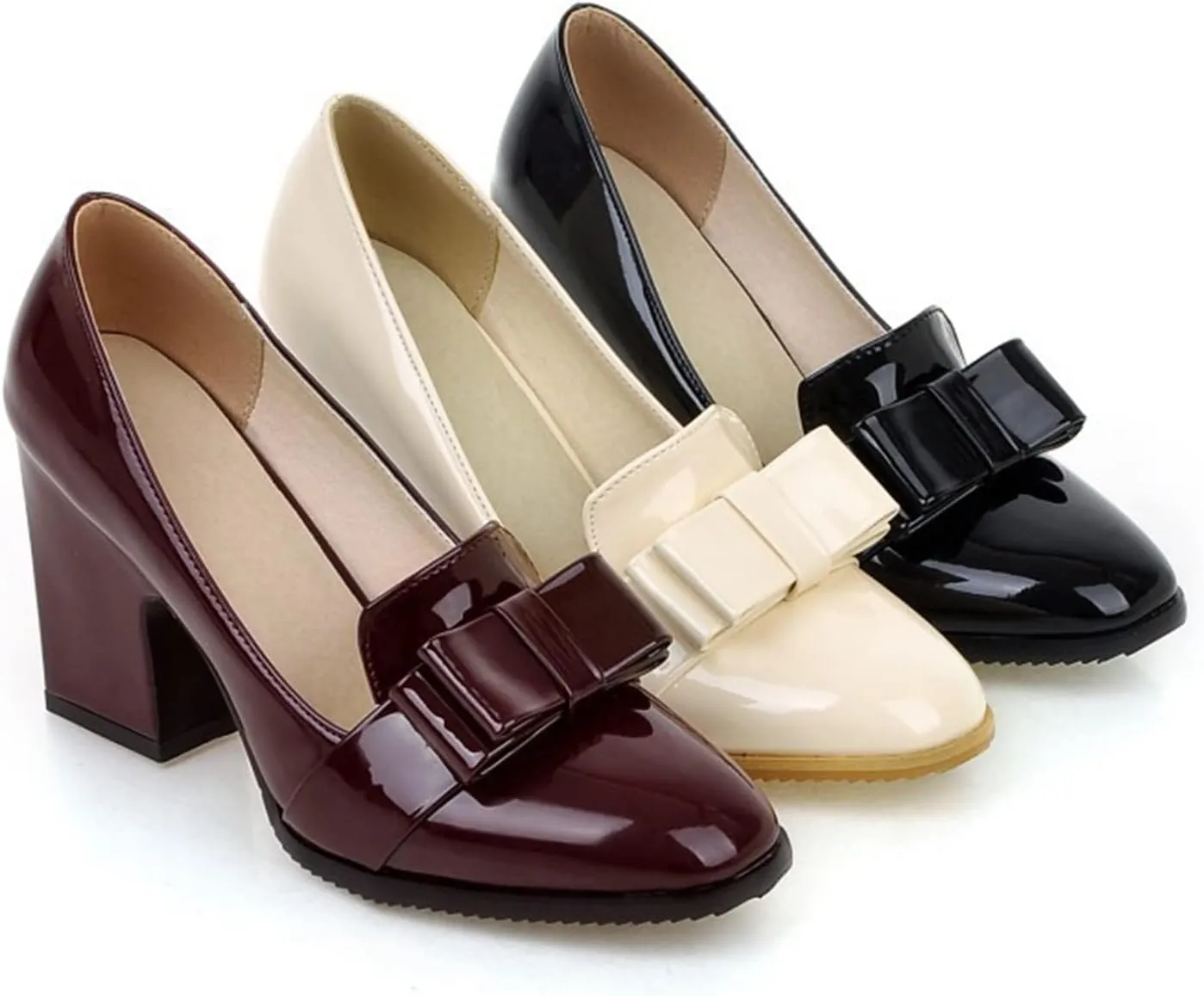 Womens Square Toe Loafer Pumps Bow Chunky High Heel Patent Leather Fashion Slip On Dress Oxford Shoes
