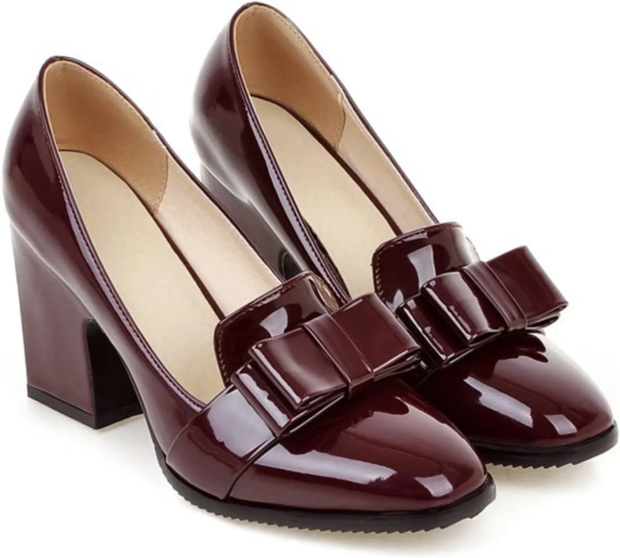 Womens Square Toe Loafer Pumps Bow Chunky High Heel Patent Leather Fashion Slip On Dress Oxford Shoes