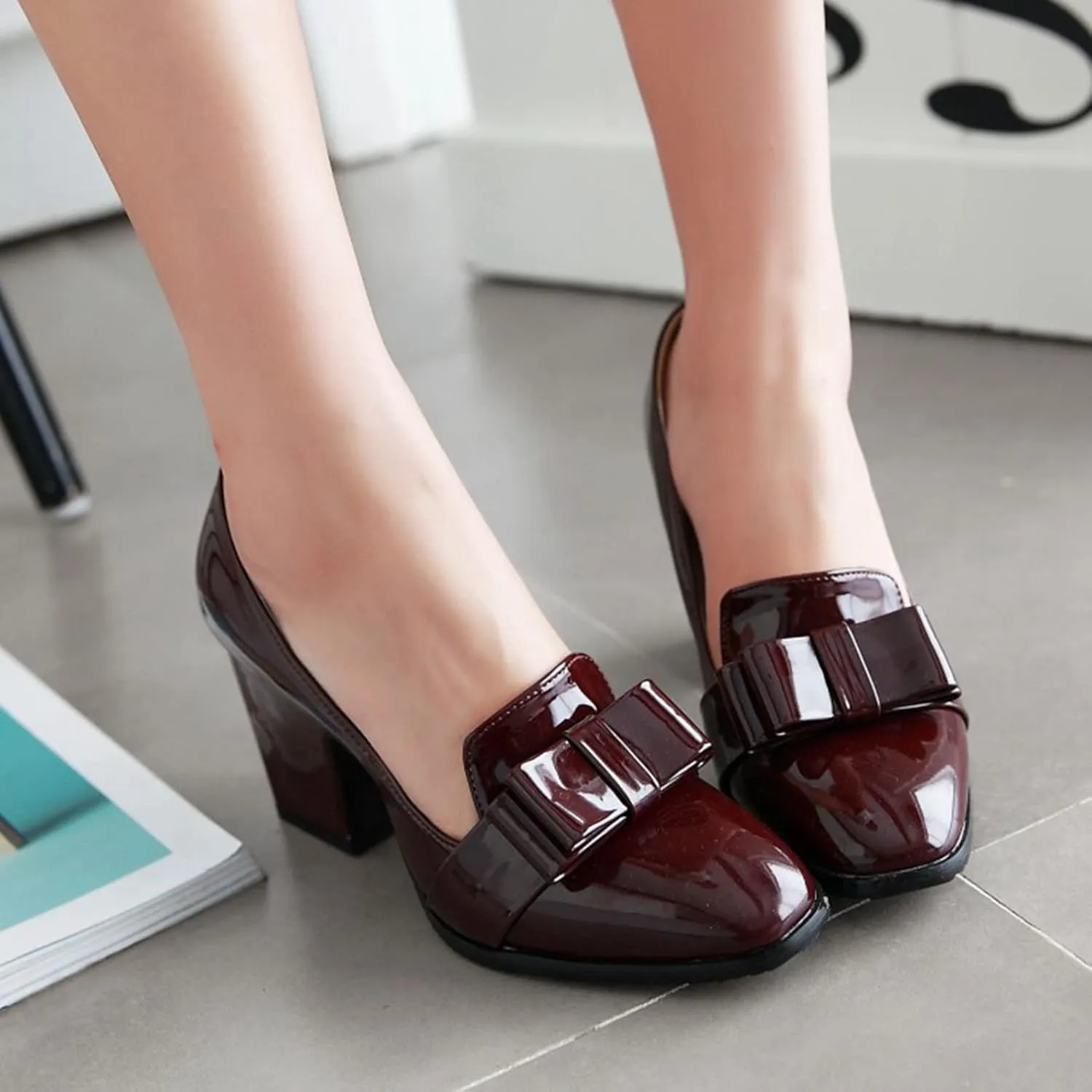 Womens Square Toe Loafer Pumps Bow Chunky High Heel Patent Leather Fashion Slip On Dress Oxford Shoes