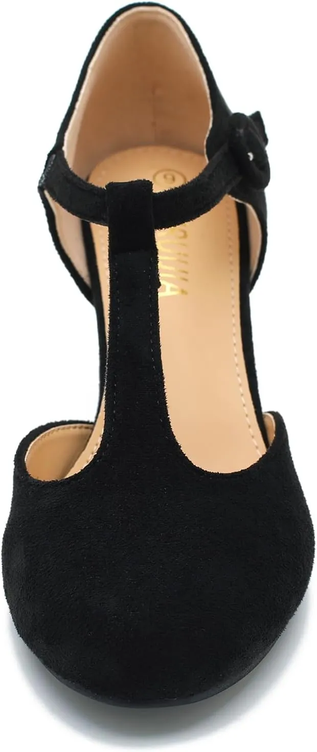 Womens T Strap Low Kitten Heels Ankle Strap Mary Janes Comfortable Vintage Closed Toe Wedding Pumps Dress Shoes