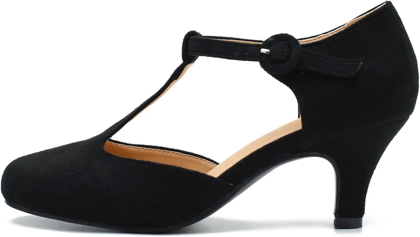 Womens T Strap Low Kitten Heels Ankle Strap Mary Janes Comfortable Vintage Closed Toe Wedding Pumps Dress Shoes