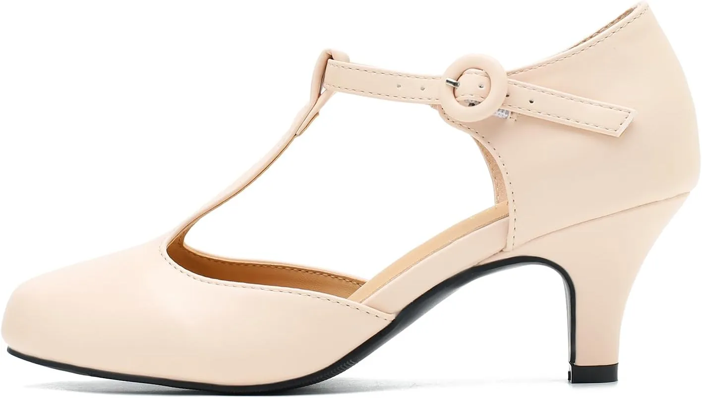 Womens T Strap Low Kitten Heels Ankle Strap Mary Janes Comfortable Vintage Closed Toe Wedding Pumps Dress Shoes