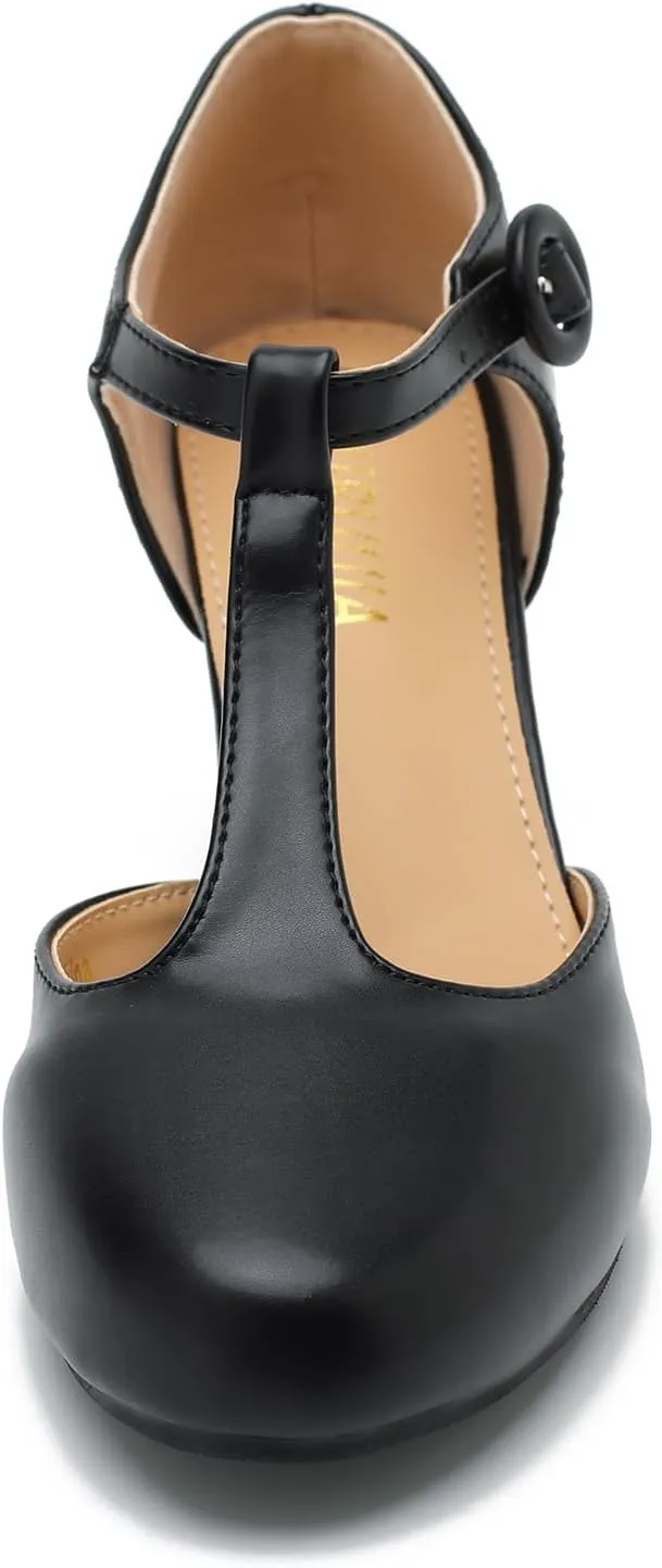 Womens T Strap Low Kitten Heels Ankle Strap Mary Janes Comfortable Vintage Closed Toe Wedding Pumps Dress Shoes