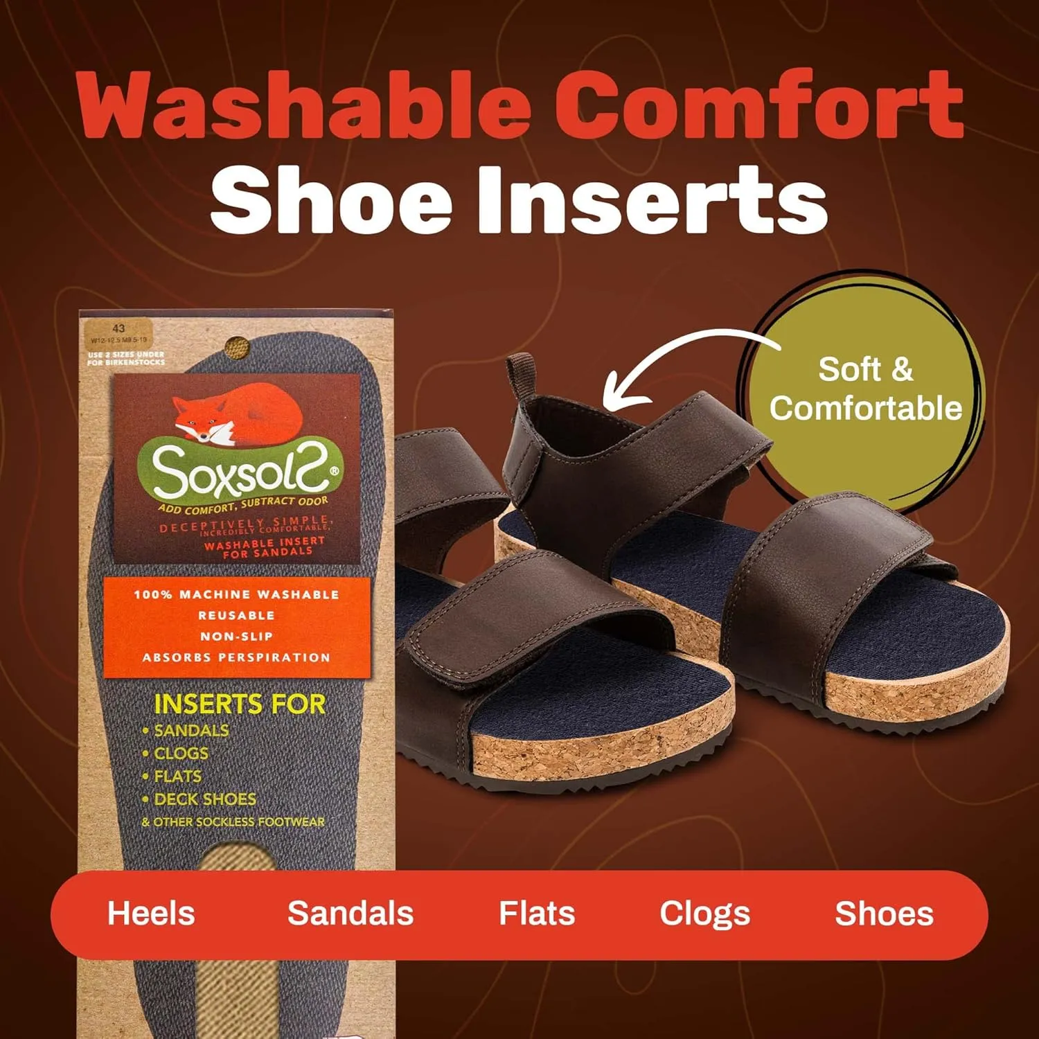 Wool Flat Shoe Insert for Sandals & Sockless Shoes, Comfortable Shoe Insoles with Sweat-Absorbent Natural Fiber & Non-Slip Silicone Grip, Narrow-Cut Shoe Inserts for Women, Brown, Size 40 - SoxsolS