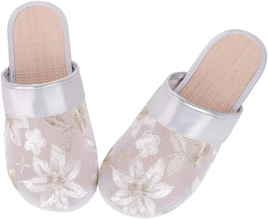 XGOPTS Chinese Mesh Slippers for Women Girls Summer Floral Mesh Sandals Slides Soft Lightweight Indoor House Slippers Flip Flops
