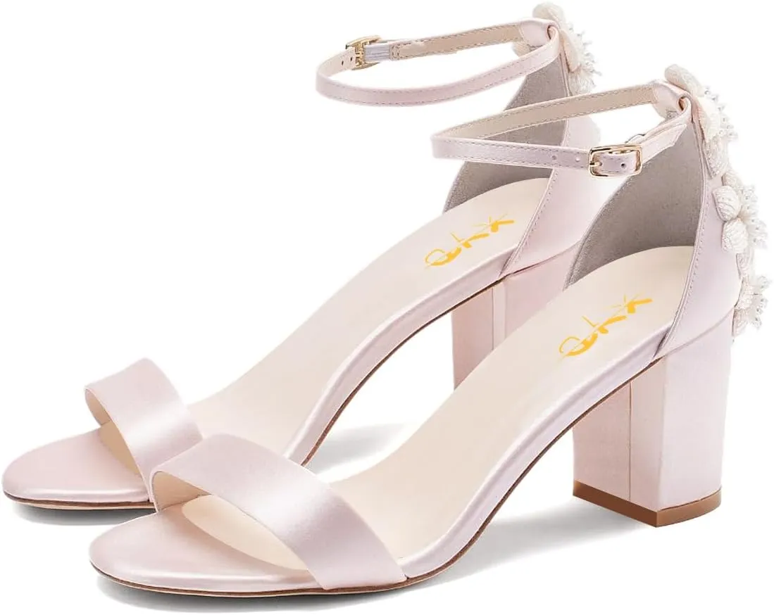 XYD Women Brides Romantic Pearl Flower Sandals Open Toe Buckled Ankle Strap Block Heel Crystal Wedding Shoes