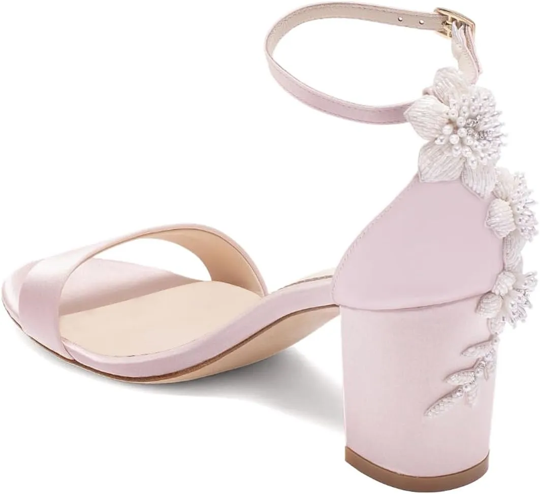 XYD Women Brides Romantic Pearl Flower Sandals Open Toe Buckled Ankle Strap Block Heel Crystal Wedding Shoes