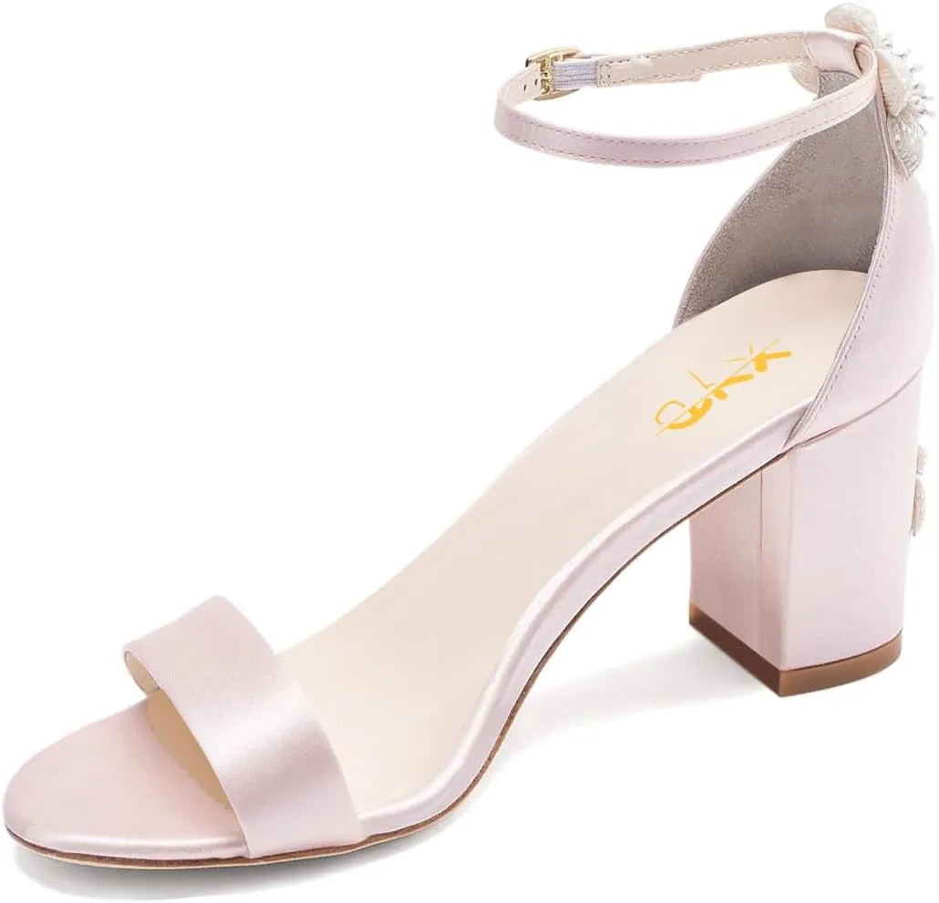 XYD Women Brides Romantic Pearl Flower Sandals Open Toe Buckled Ankle Strap Block Heel Crystal Wedding Shoes
