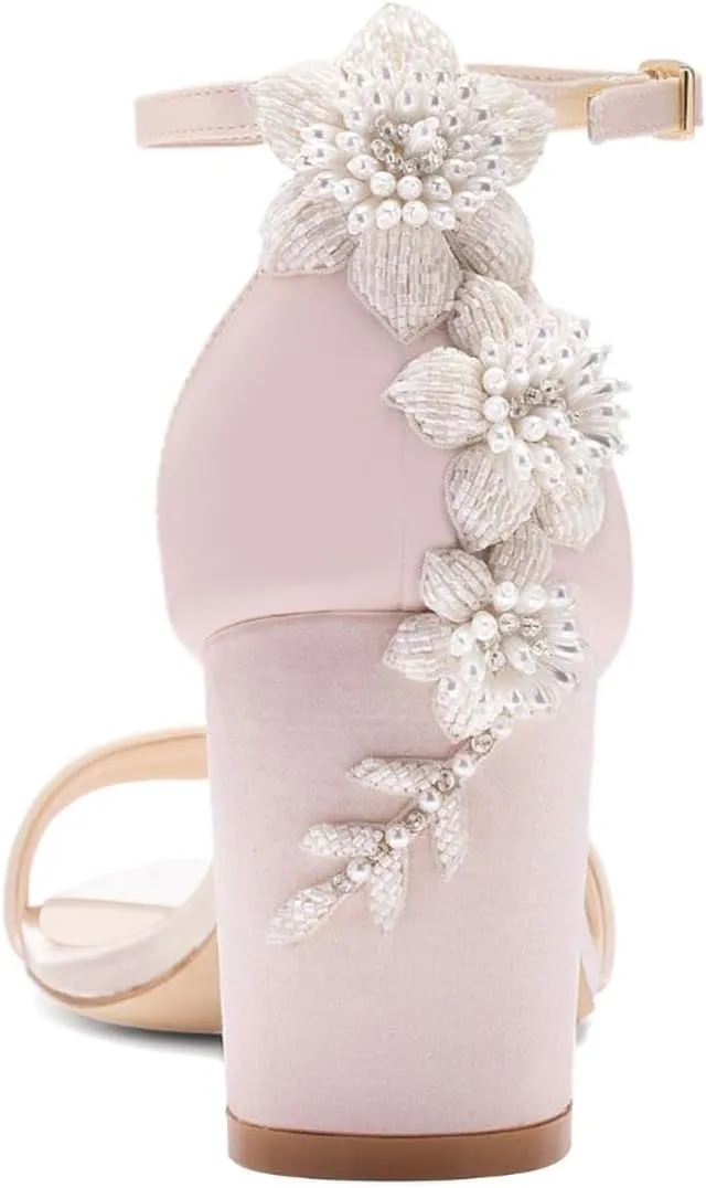 XYD Women Brides Romantic Pearl Flower Sandals Open Toe Buckled Ankle Strap Block Heel Crystal Wedding Shoes