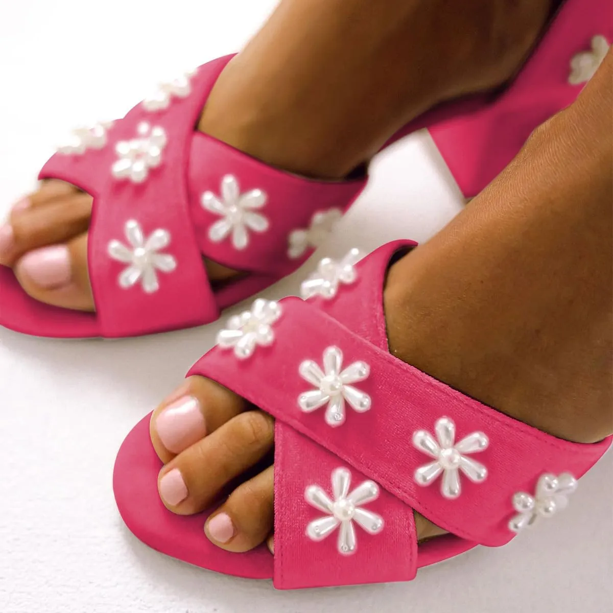 XYD Women Graceful Bloom Pearl Flower Bridal Sandals Ankle Strap Open Toe Chunky Low Heels Romantic Shoes