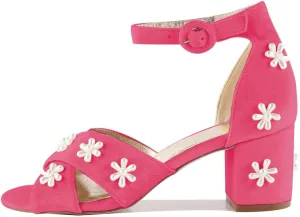 XYD Women Graceful Bloom Pearl Flower Bridal Sandals Ankle Strap Open Toe Chunky Low Heels Romantic Shoes