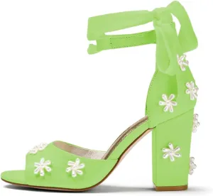 XYD Women Open Toe Sandals with Bloom Pearl Flower Ankle Strap Lace-up Chunky Block Heel Wedding Bridal Shoes