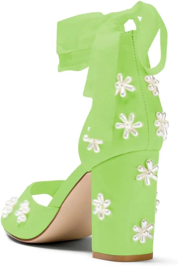 XYD Women Open Toe Sandals with Bloom Pearl Flower Ankle Strap Lace-up Chunky Block Heel Wedding Bridal Shoes